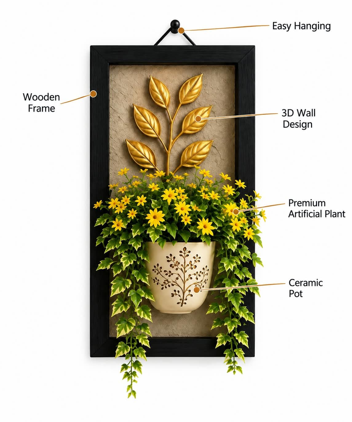 3D Aesthetic Plant Frame - Golden Leaf & Floral Pot - View 2