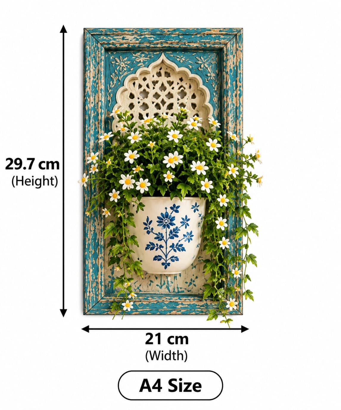 3D Aesthetic Plant Frame - Teal Jali & Daisy / Distressed view 3